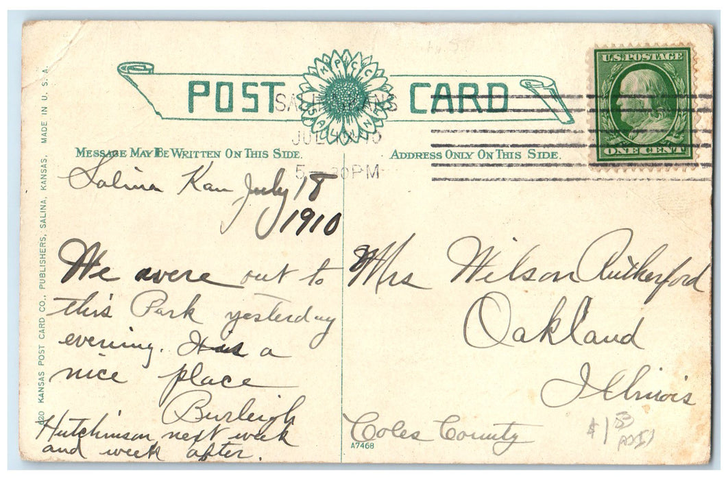 1910 Entrance To Oakdale Park Salinas Kansas KS Posted Flowers & Trees Postcard