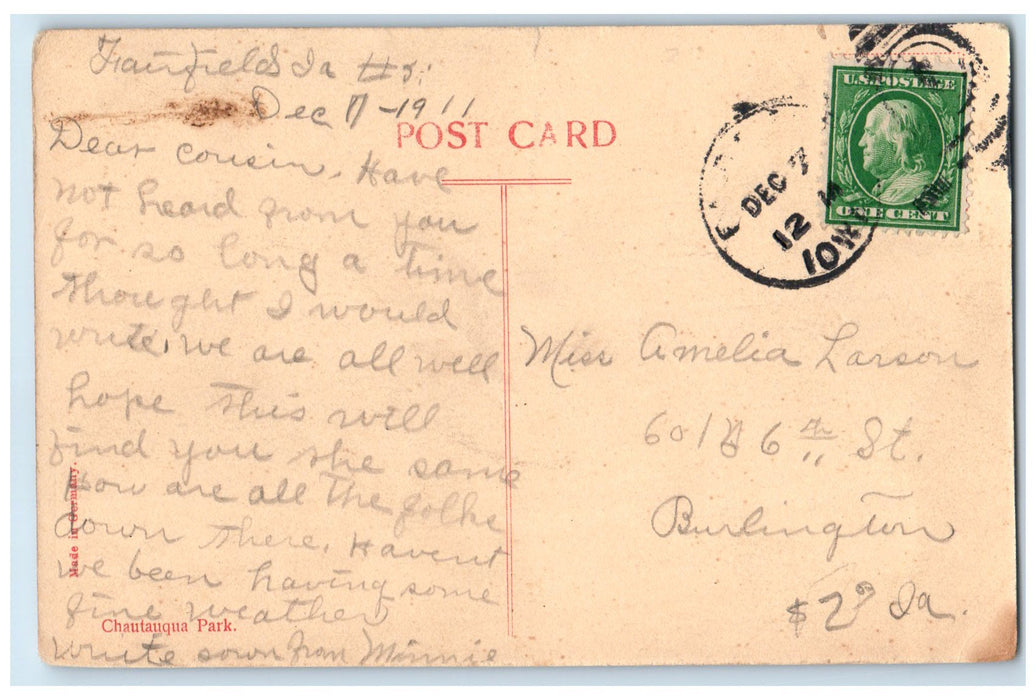 1911 Greetings From Fairfield Dirt Road Horse Buggy Iowa Correspondence Postcard