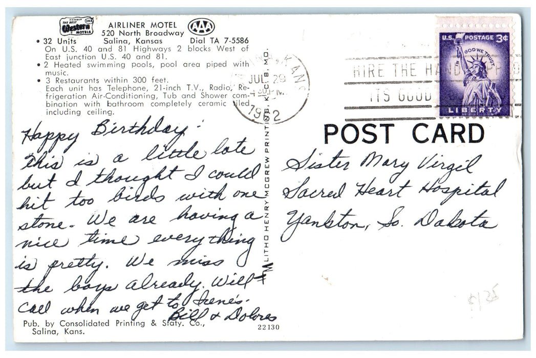 1962 Airliner Motel Exterior Roadside Salinas Kansas KS Posted Signage Postcard