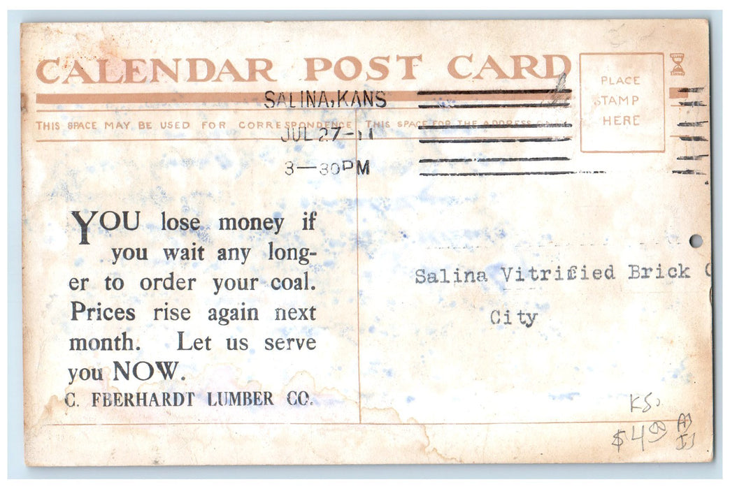 1911 C. Eberhardt Lumber Company View Salinas Kansas KS Posted Calendar Postcard