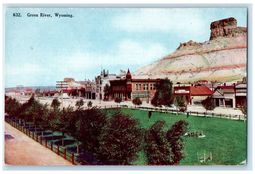 c1950's Aerial View Buildings Rock Formation View Green River Wyoming Postcard