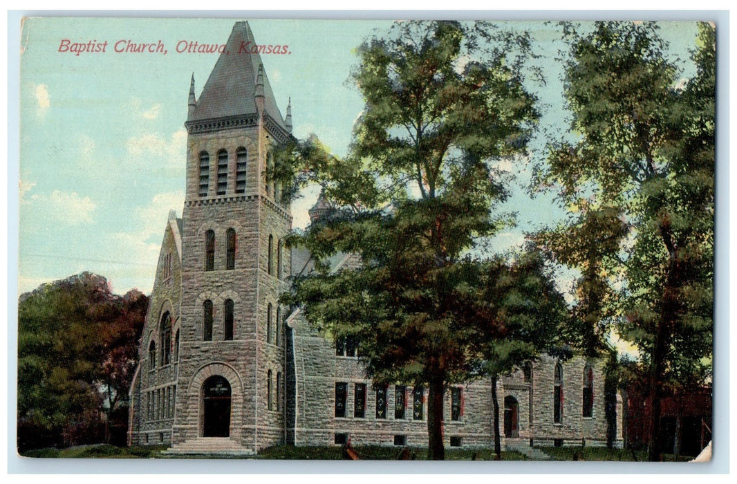 c1910s Baptist Church Exterior Roadside Ottawa Kansas KS Unposted Trees Postcard