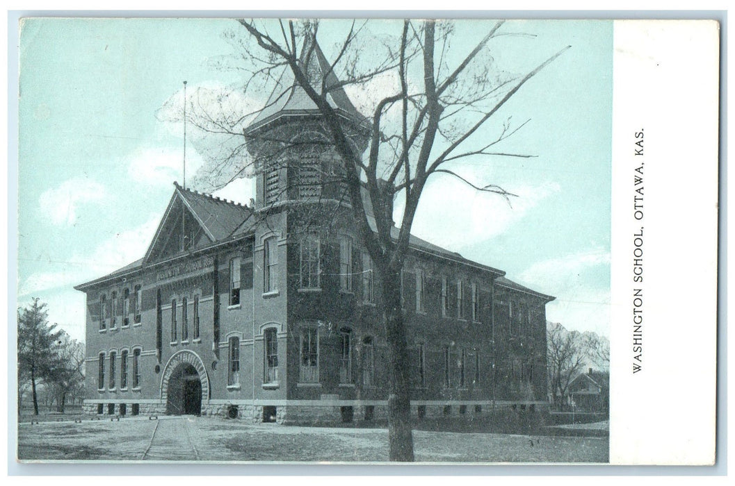 1908 Washington School Exterior Roadside Ottawa Kansas KS Posted Trees Postcard