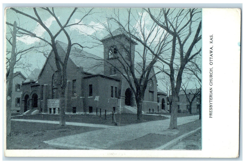 1909 Presbyterian Church Exterior Roadside Ottawa Kansas KS Posted Tree Postcard