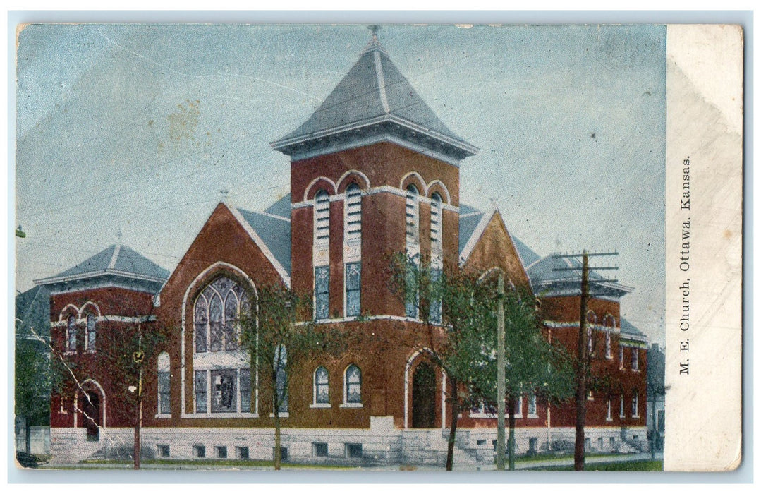 1909 Methodist Episcopal Church Exterior Roadside Ottawa Kansas KS Tree Postcard