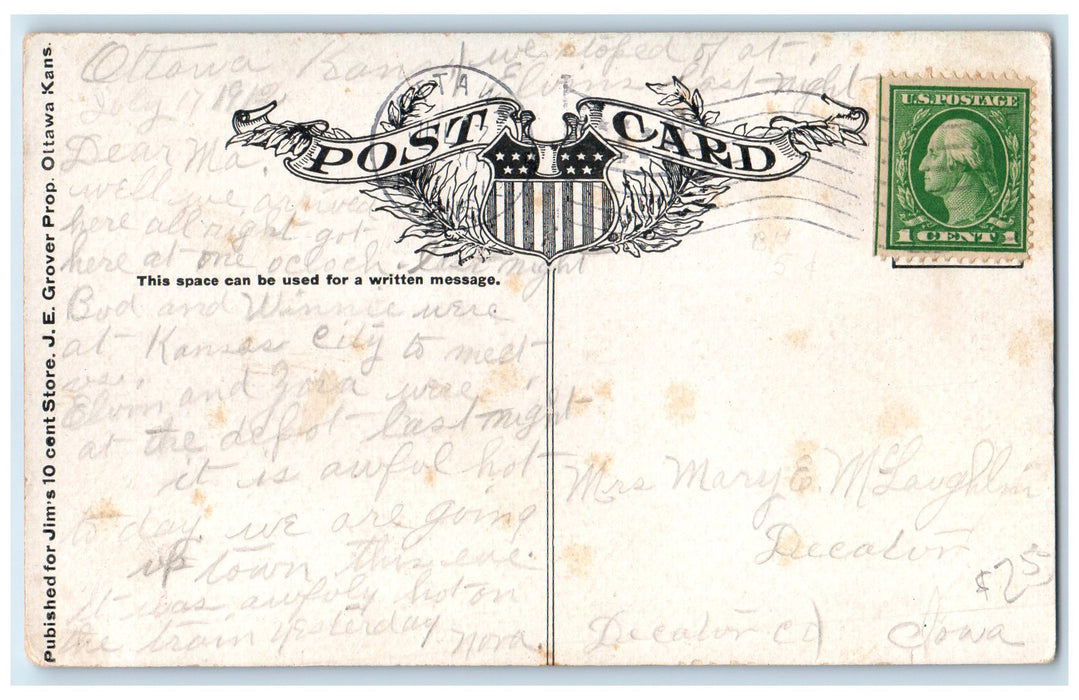 1909 Methodist Episcopal Church Exterior Roadside Ottawa Kansas KS Tree Postcard