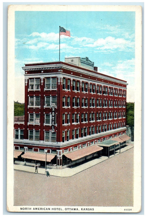 c1940's North American Hotel Exterior Roadside Ottawa Kansas KS Flag Postcard
