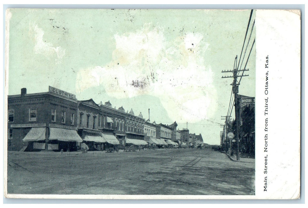 1908 Main Street North From Third Shops Scene Ottawa Kansas KS Posted Postcard