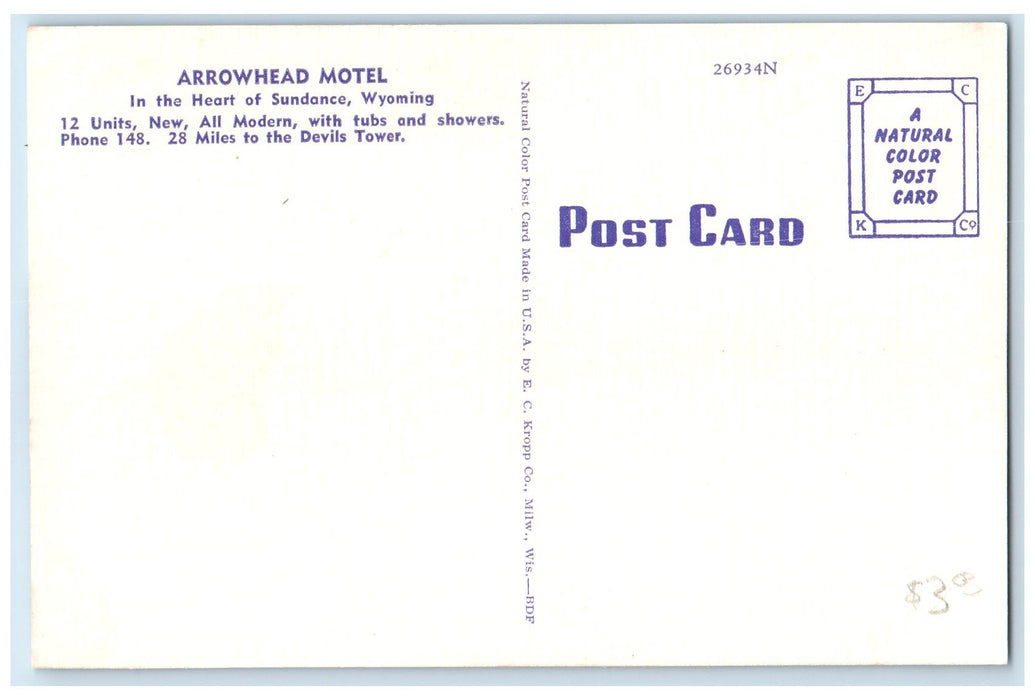 c1940's Arrowhead Motel Exterior Roadside Sundance Wyoming WY Unposted Postcard