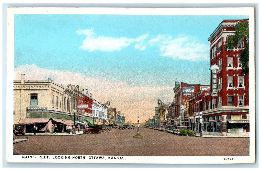 c1940's Main Street Looking North Ottawa Kansas KS Coca-Cola Signage Postcard