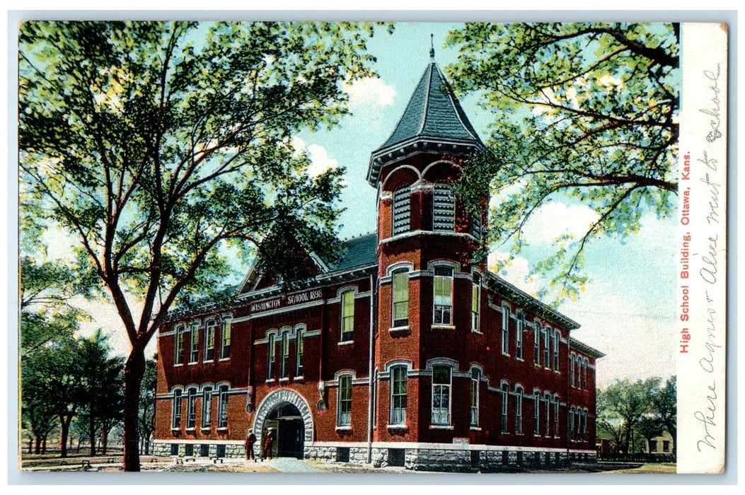 1908 High School Building Exterior Roadside Ottawa Kansas KS Posted Postcard