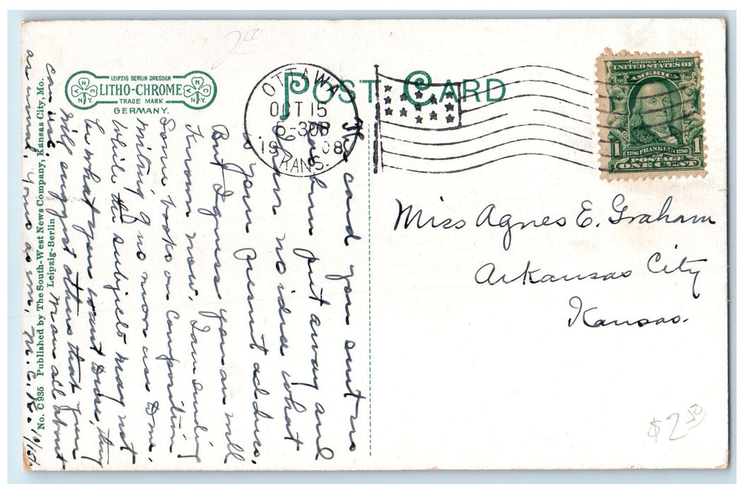 1908 High School Building Exterior Roadside Ottawa Kansas KS Posted Postcard