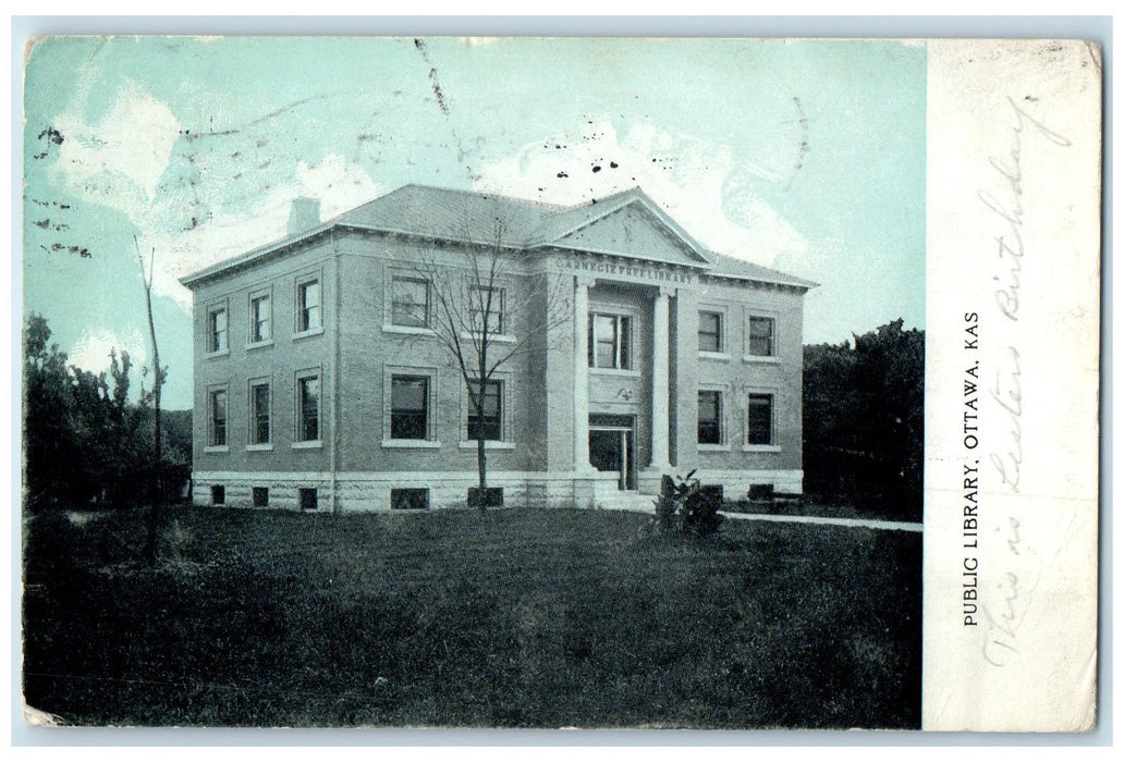 1908 Public Library Building Exterior Roadside Ottawa Kansas KS Posted Postcard