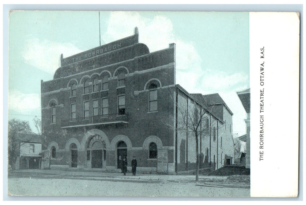 1909 The Rohrbaugh Theatre Exterior Roadside Ottawa Kansas KS Posted Postcard
