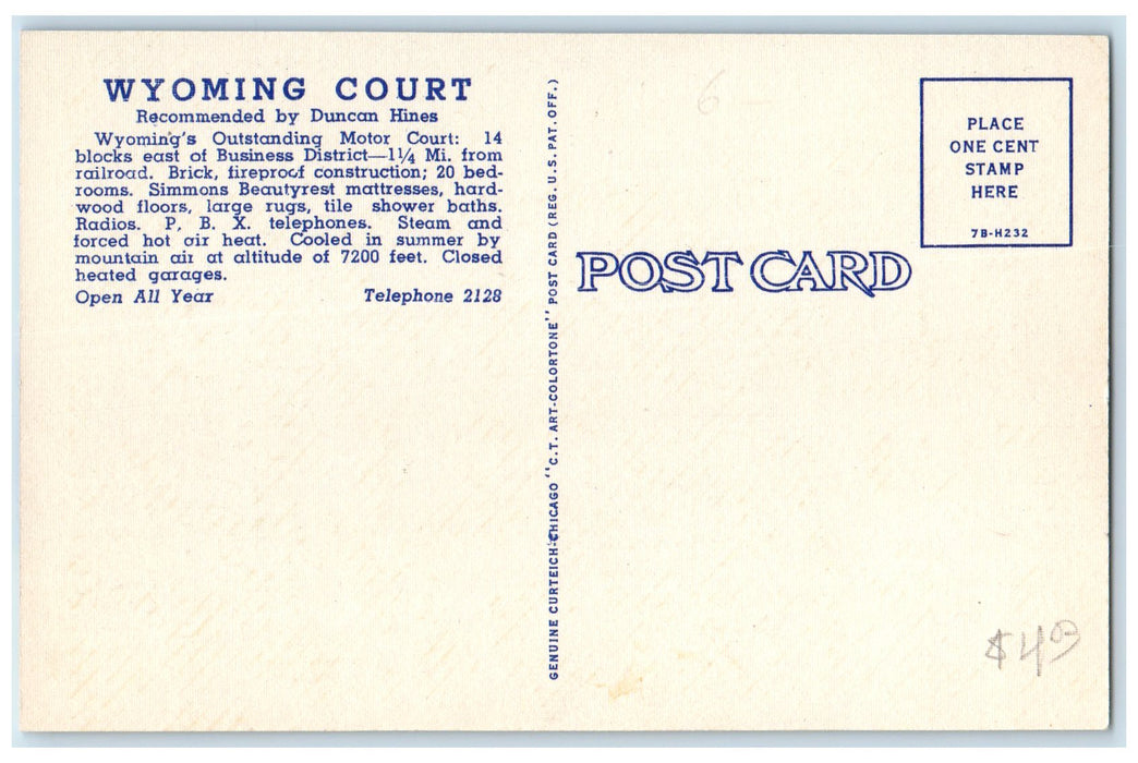 c1940's Wyoming Court Exterior Roadside Laramie Wyoming WY Unposted  Postcard