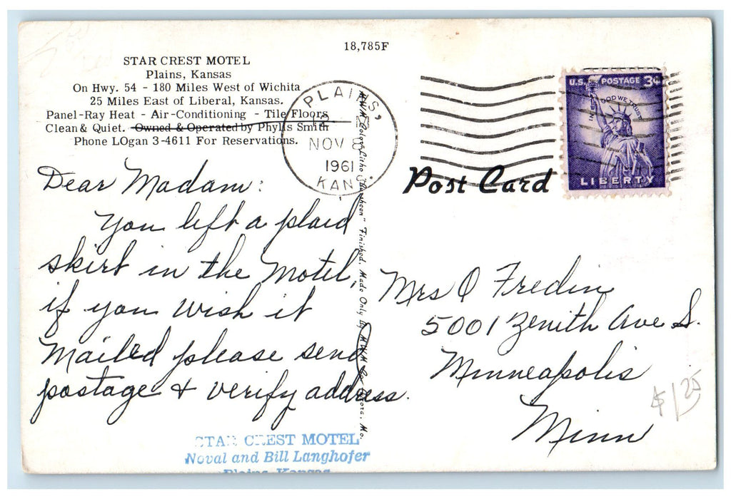 1961 Star Crest Motel Exterior Roadside Plains Kansas KS Posted Car Postcard
