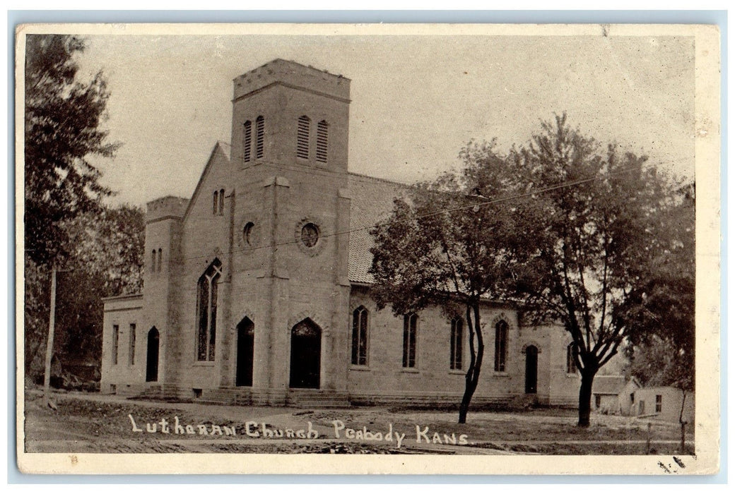 1909 Lutheran Church Exterior Roadside Peabody Kansas KS Posted Trees Postcard