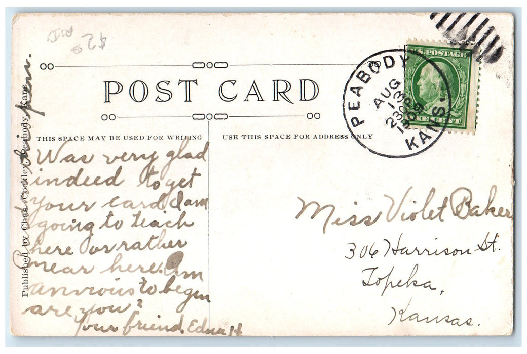 1909 Lutheran Church Exterior Roadside Peabody Kansas KS Posted Trees Postcard