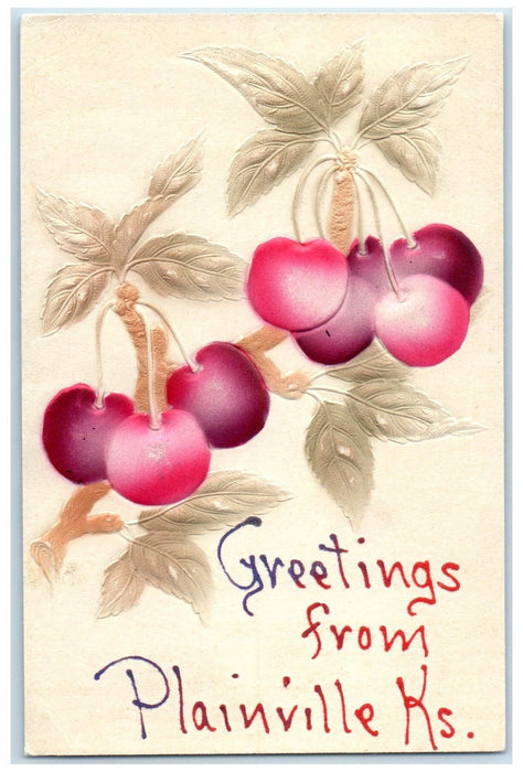1910 Greetings From Plainville Wyoming WY Posted Embossed Fruits Postcard