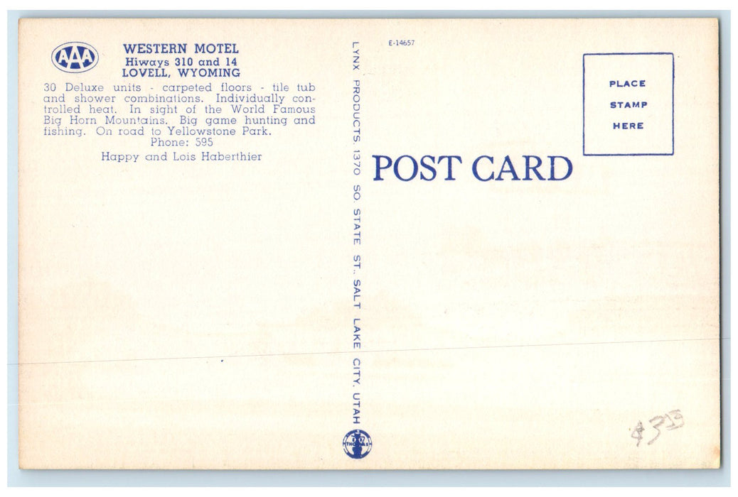 c1940's Western Motel Exterior Roadside Scene Lovell Wyoming WY Signage Postcard