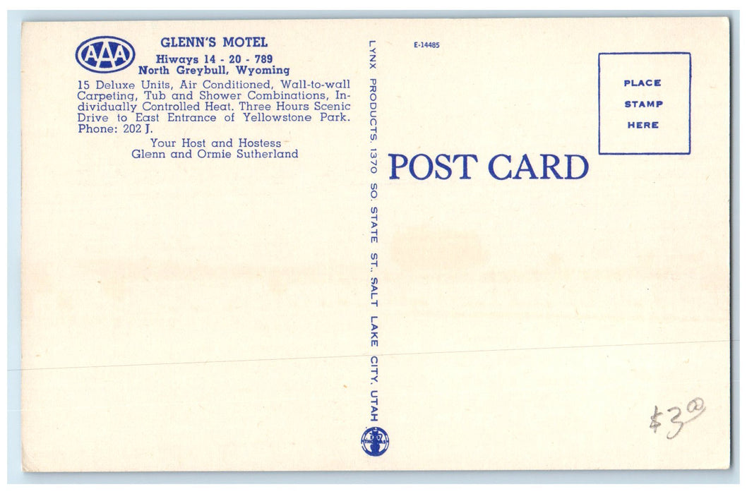 c1940's Glenn's Motel Exterior Roadside Greybull Wyoming WY Unposted Postcard