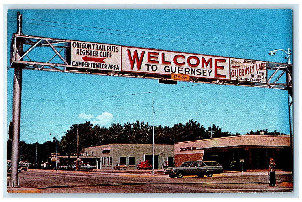 c1960's Greetings Form Guernsey Wyoming WY Unposted Street View Signage Postcard