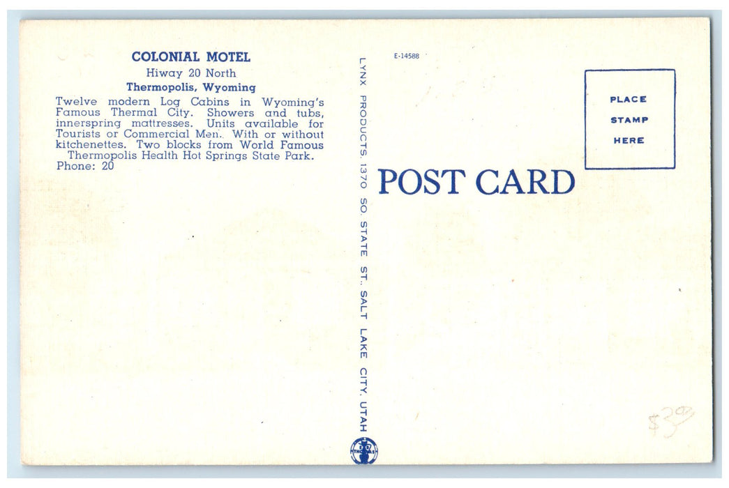c1940s Colonial Motel Exterior Roadside Thermopolis Wyoming WY Unposted Postcard