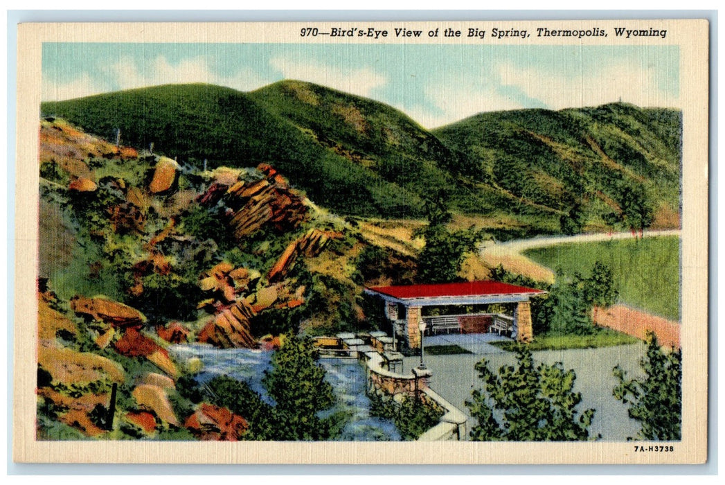 c1940s Big Eye View Of Big Spring Thermopolis Wyoming WY Unposted Trees Postcard