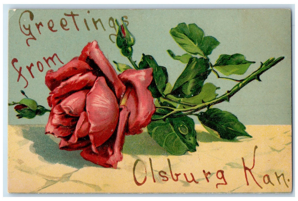 c1910's Greetings From Olsburg Kansas KS Unposted Embossed Flower Postcard