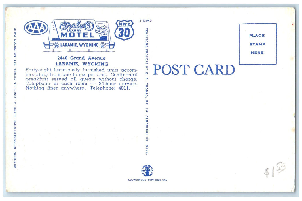c1960s Circle S Luxury Motel Exterior Roadside Scene Laramie Wyoming WY Postcard