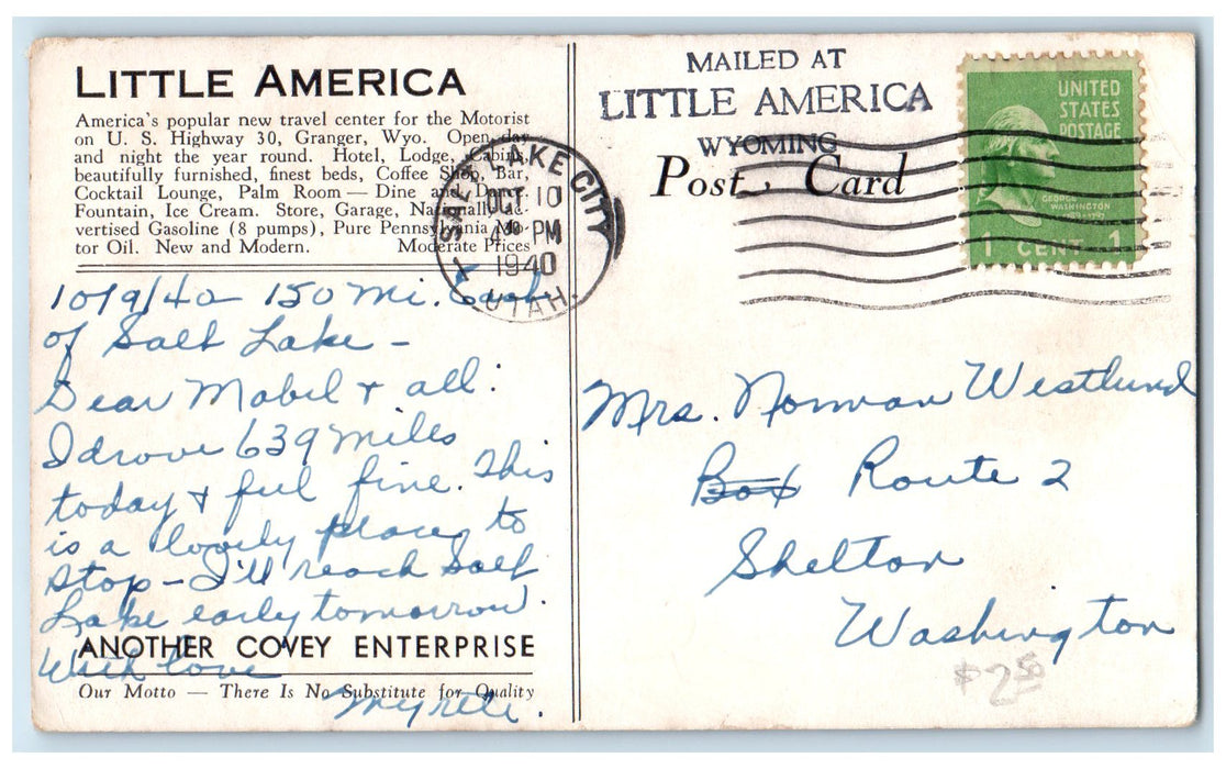 1940 Palm Room Dine Dance Interior Little America Wyoming WY Unposted Postcard