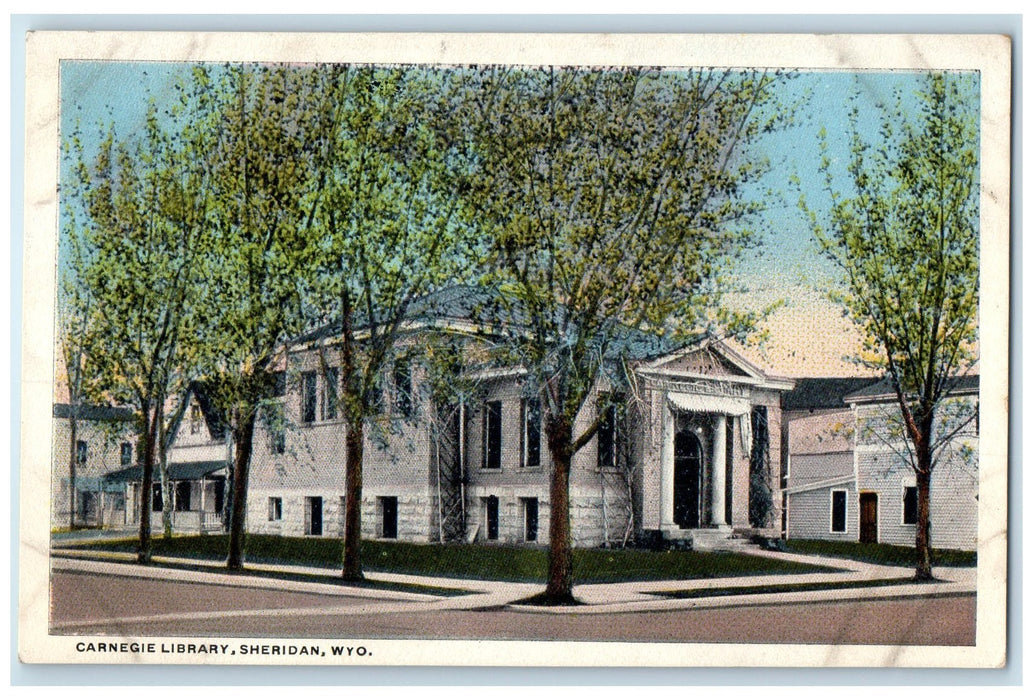 c1940's Carnegie Library Exterior Roadside Sheridan Wyoming WY Unposted Postcard