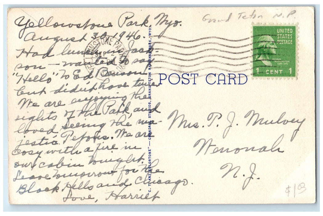 1946 The Grand Teton From Dead Man's Bar Jackson Wyoming WY Posted Tree Postcard