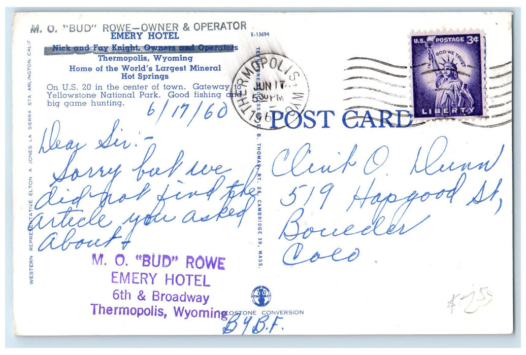 1960 Emery Hotel Exterior Lounge Interior Thermopolis Wyoming WY Posted Postcard