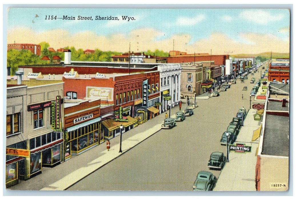 1949 Bird's Eye View Of Main Street Sheridan Wyoming WY Unposted Cars Postcard