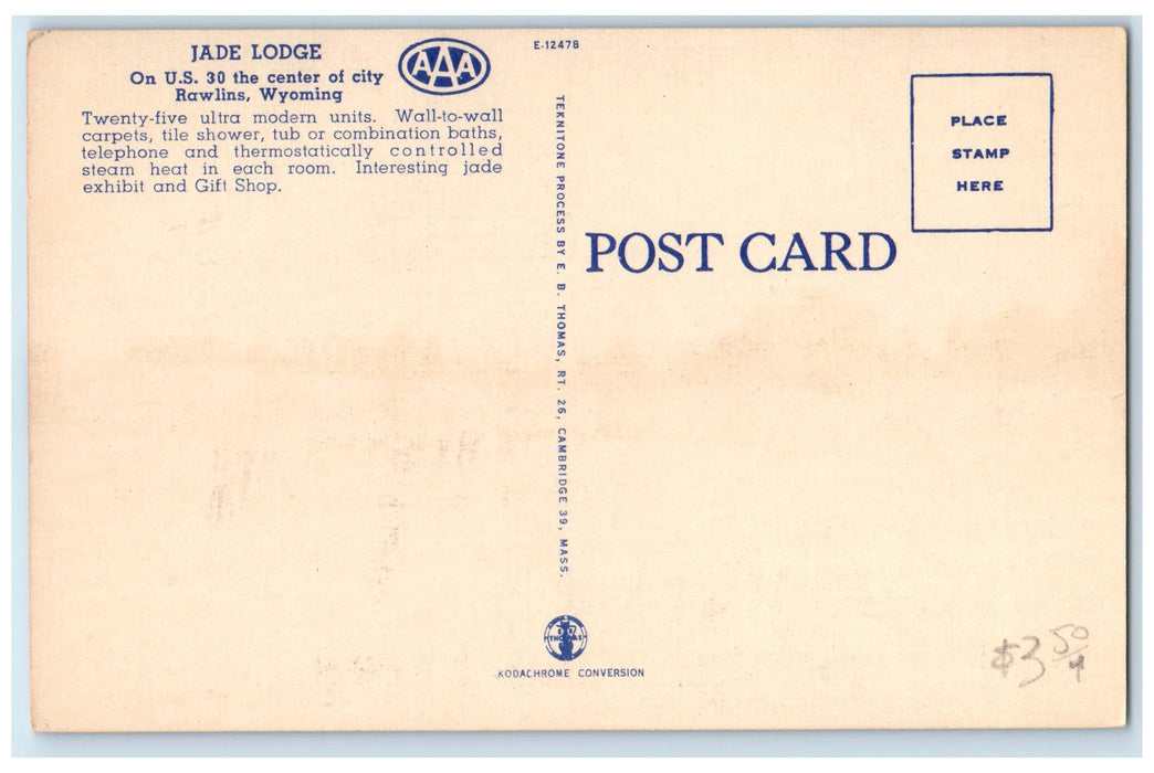 c1940s Jade Lodge Exterior Roadside Rawlins Wyoming WY Unposted Vintage Postcard